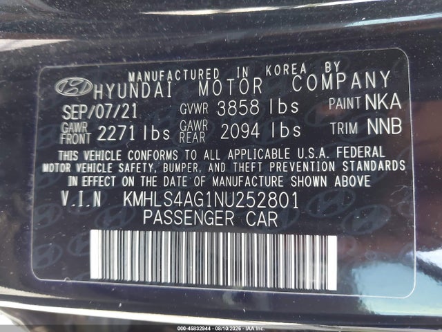 Продаж на аукціоні авто 2022 Hyundai Elantra Sel, vin: KMHLS4AG1NU252801, номер лоту: 45832944