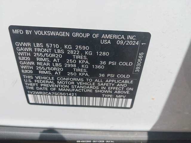 2025 Volkswagen Atlas 2.0t Se W/technology მანქანა იყიდება აუქციონზე, vin: 1V2WR2CA7SC501421, აუქციონის ნომერი: 45832950