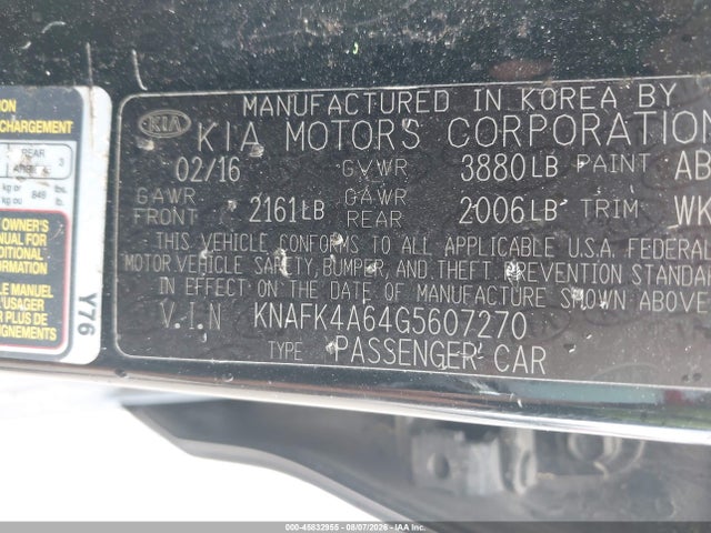 45832955 :رقم المزاد ، KNAFK4A64G5607270 vin ، 2016 Kia Forte Lx مزاد بيع