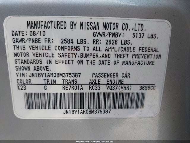 Aukcja sprzedaży 2011 Infiniti M37x, vin: JN1BY1AR0BM375387, numer aukcji: 45832961