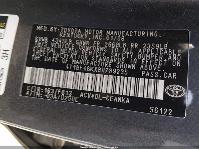 Auction sale of the 2008 Toyota Camry Le, vin: 4T1BE46KX8U789235, lot number: 45832963