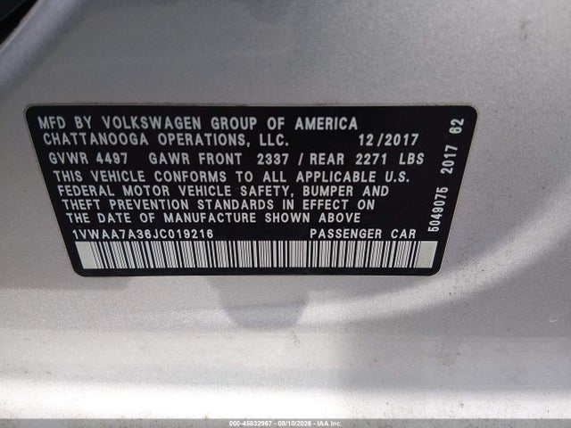 Продажа на аукционе авто 2018 Volkswagen Passat 2.0t R-line/2.0t S, vin: 1VWAA7A36JC019216, номер лота: 45832967