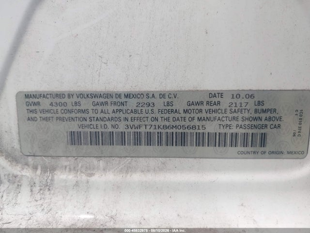 Продаж на аукціоні авто 2006 Volkswagen Jetta Diesel, vin: 3VWFT71K86M056815, номер лоту: 45832975