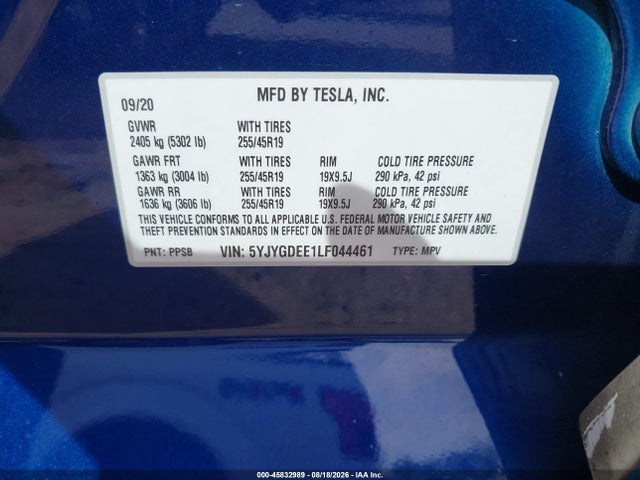 Продажа на аукционе авто 2020 Tesla Model Y Long Range Dual Motor All-wheel Drive, vin: 5YJYGDEE1LF044461, номер лота: 45832989