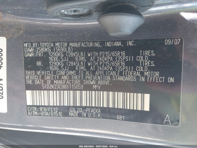 Aukcja sprzedaży 2008 Toyota Sienna Le, vin: 5TDZK23C98S115059, numer aukcji: 45833003