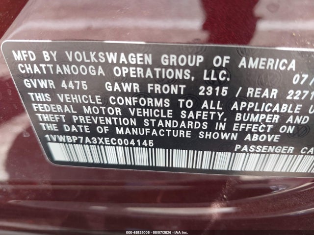 45833005 :رقم المزاد ، 1VWBP7A3XEC004145 vin ، 2014 Volkswagen Passat 2.5l Se مزاد بيع