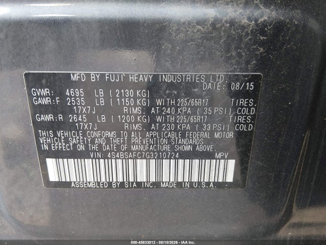 2016 Subaru Outback 2.5i Premium მანქანა იყიდება აუქციონზე, vin: 4S4BSAFC7G3210724, აუქციონის ნომერი: 45833012