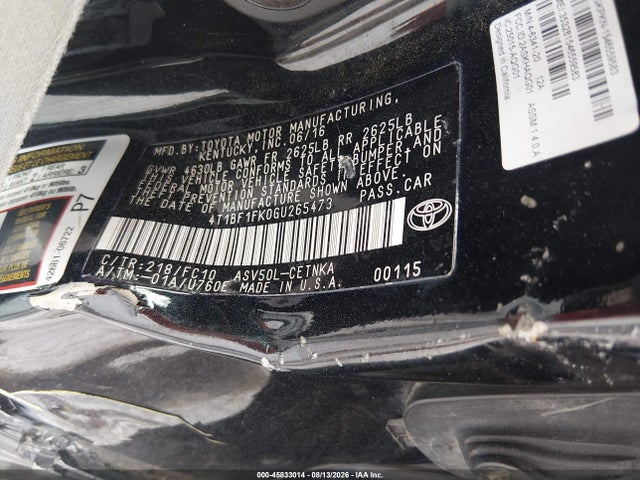 2016 Toyota Camry Le მანქანა იყიდება აუქციონზე, vin: 4T1BF1FK0GU265473, აუქციონის ნომერი: 45833014