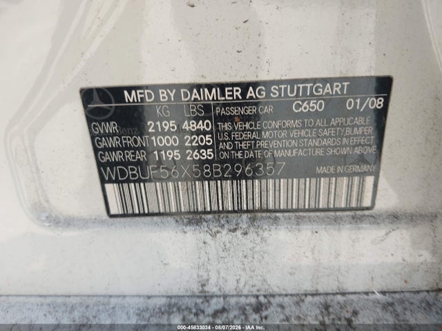 45833034 :رقم المزاد ، WDBUF56X58B296357 vin ، 2008 Mercedes-benz E 350 مزاد بيع