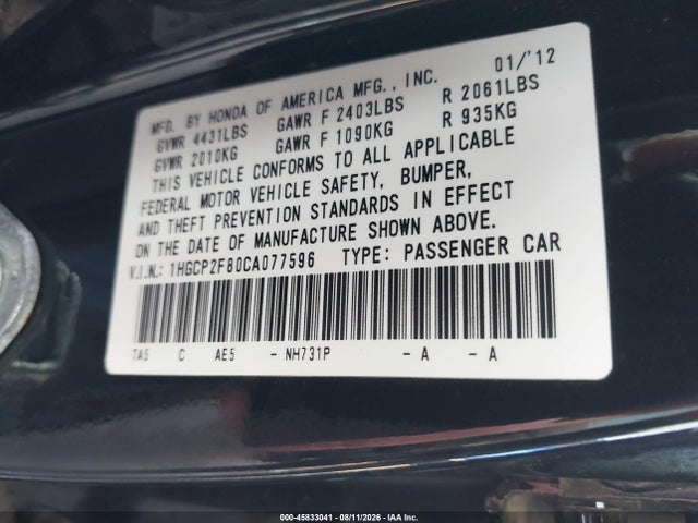 45833041 :رقم المزاد ، 1HGCP2F80CA077596 vin ، 2012 Honda Accord 2.4 Ex-l مزاد بيع