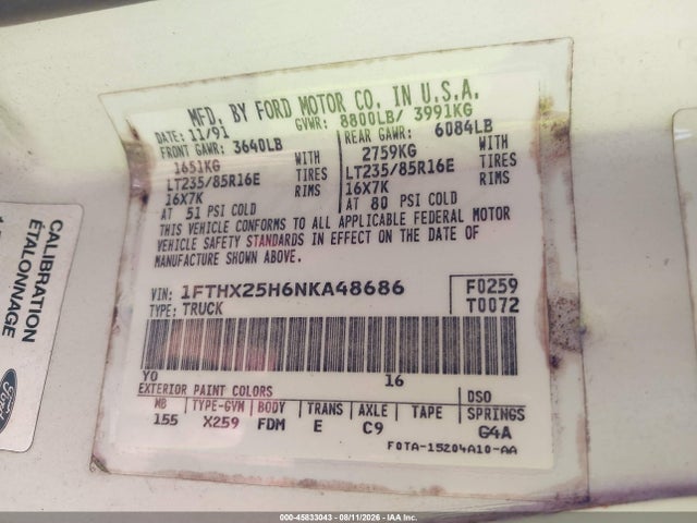 Продаж на аукціоні авто 1992 Ford F250, vin: 1FTHX25H6NKA48686, номер лоту: 45833043