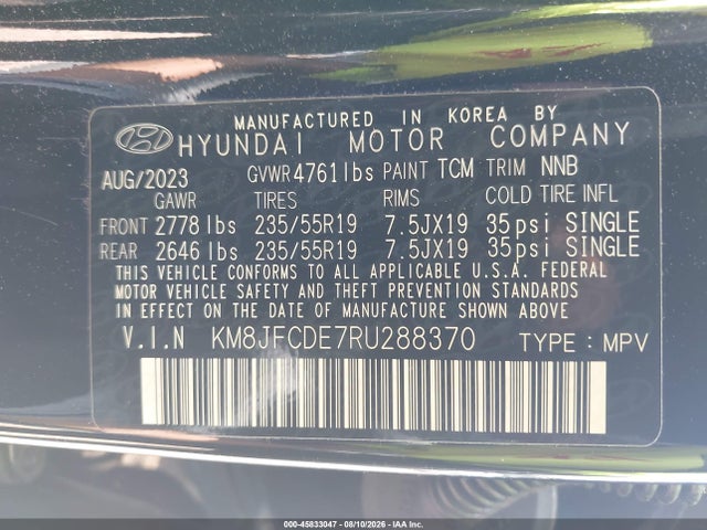 45833047 :رقم المزاد ، KM8JFCDE7RU288370 vin ، 2024 Hyundai Tucson Xrt مزاد بيع