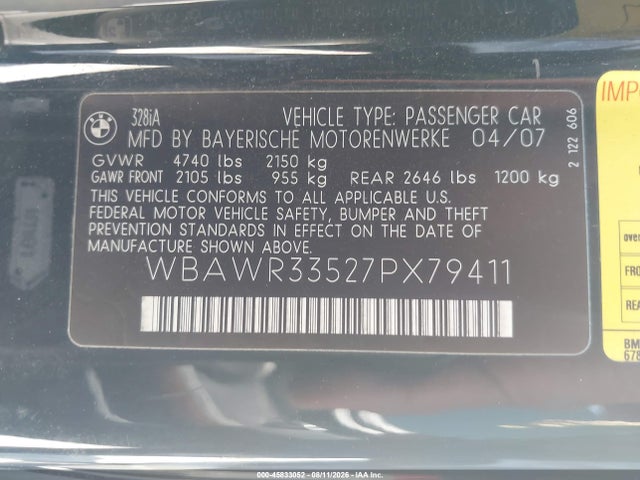 Aukcja sprzedaży 2007 Bmw 328i, vin: WBAWR33527PX79411, numer aukcji: 45833052