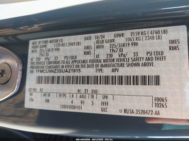 2025 Ford Escape St-line Select მანქანა იყიდება აუქციონზე, vin: 1FMCU9NZ3SUA21915, აუქციონის ნომერი: 45833056