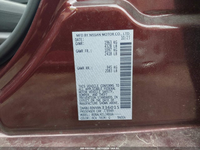Продажа на аукционе авто 2024 Nissan Altima Sv Fwd, vin: 1N4BL4DVXRN336015, номер лота: 45833062