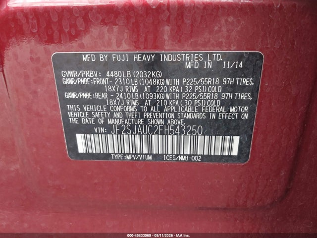 Продаж на аукціоні авто 2015 Subaru Forester 2.5i Touring, vin: JF2SJAUC2FH543250, номер лоту: 45833069