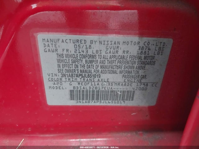 45833071 :رقم المزاد ، 3N1AB7AP5JL651019 vin ، 2018 Nissan Sentra Sv مزاد بيع