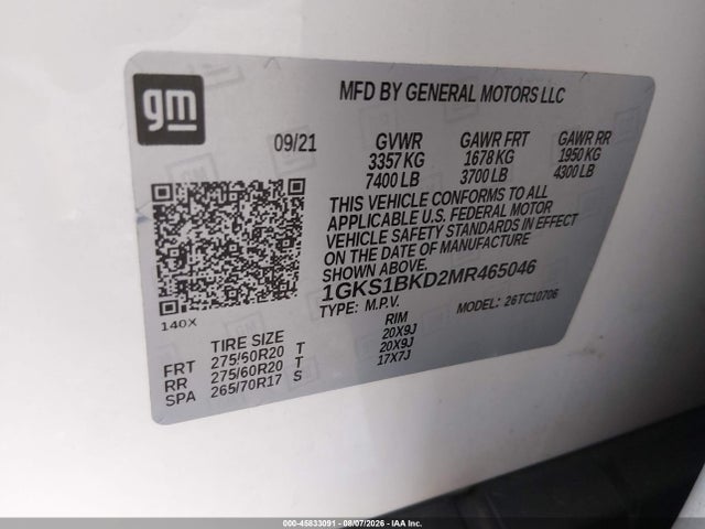 Продаж на аукціоні авто 2021 Gmc Yukon 2wd Slt, vin: 1GKS1BKD2MR465046, номер лоту: 45833091