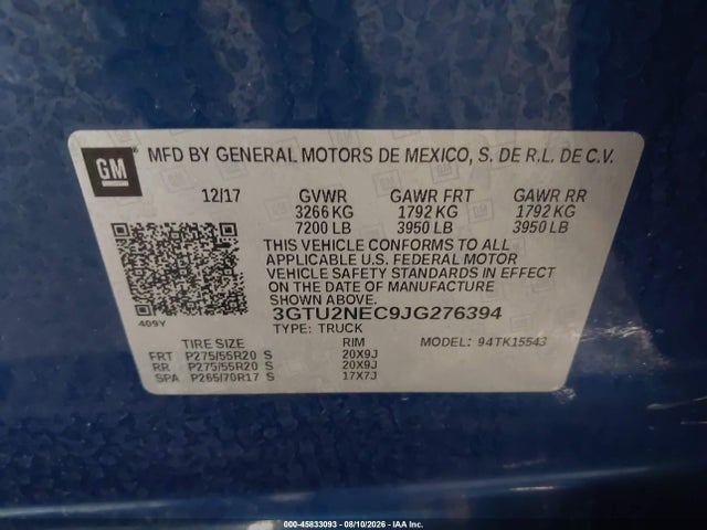 Продаж на аукціоні авто 2018 Gmc Sierra 1500 Slt, vin: 3GTU2NEC9JG276394, номер лоту: 45833093