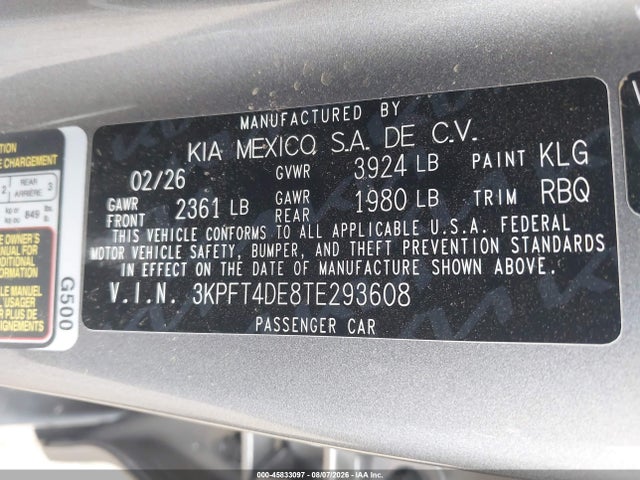Продажа на аукционе авто 2026 Kia K4 Lxs, vin: 3KPFT4DE8TE293608, номер лота: 45833097