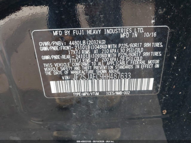 2017 Subaru Forester 2.5i Premium მანქანა იყიდება აუქციონზე, vin: JF2SJAEC9HH487633, აუქციონის ნომერი: 45833105