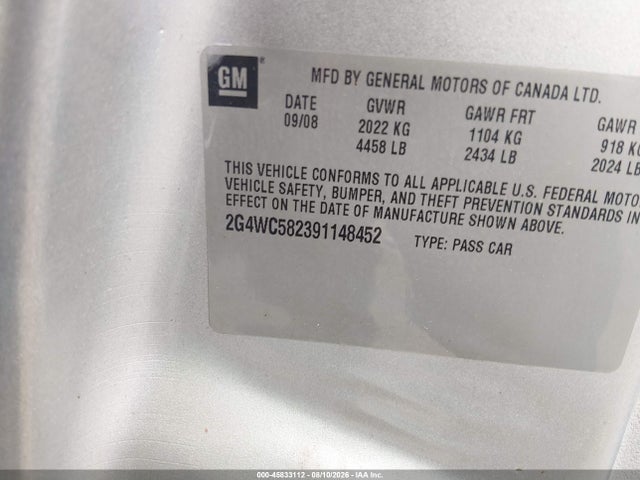 45833112 :رقم المزاد ، 2G4WC582391148452 vin ، 2009 Buick Lacrosse Cx مزاد بيع