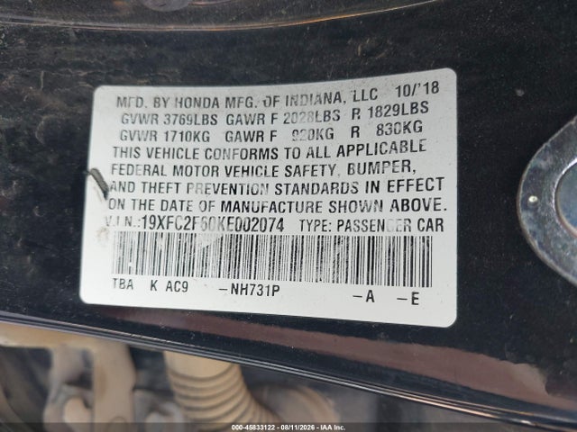 2019 Honda Civic Lx მანქანა იყიდება აუქციონზე, vin: 19XFC2F60KE002074, აუქციონის ნომერი: 45833122