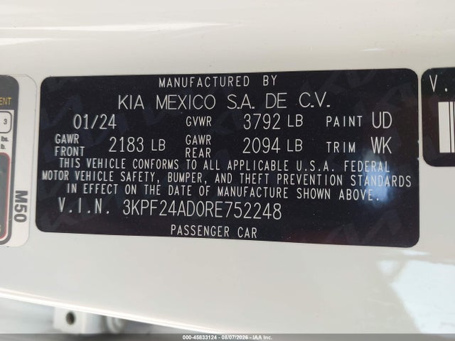 Продаж на аукціоні авто 2024 Kia Forte Lx, vin: 3KPF24AD0RE752248, номер лоту: 45833124