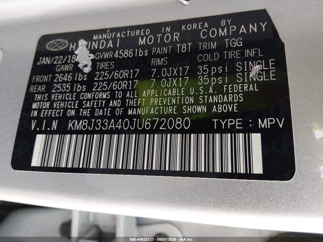 2018 Hyundai Tucson Sel მანქანა იყიდება აუქციონზე, vin: KM8J33A40JU672080, აუქციონის ნომერი: 45833127