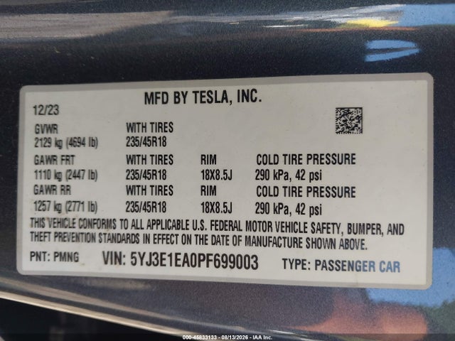 Продажа на аукционе авто 2023 Tesla Model 3 Rear-wheel Drive, vin: 5YJ3E1EA0PF699003, номер лота: 45833133