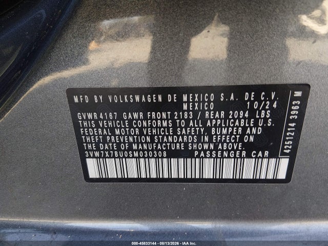 Aukcja sprzedaży 2025 Volkswagen Jetta 1.5t Se, vin: 3VW7X7BU0SM030308, numer aukcji: 45833144