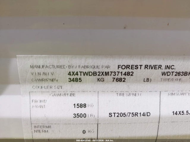 45833145 :رقم المزاد ، 4X4TWDB2XM7371482 vin ، 2021 Wildwood Forest River Travel Trailer مزاد بيع