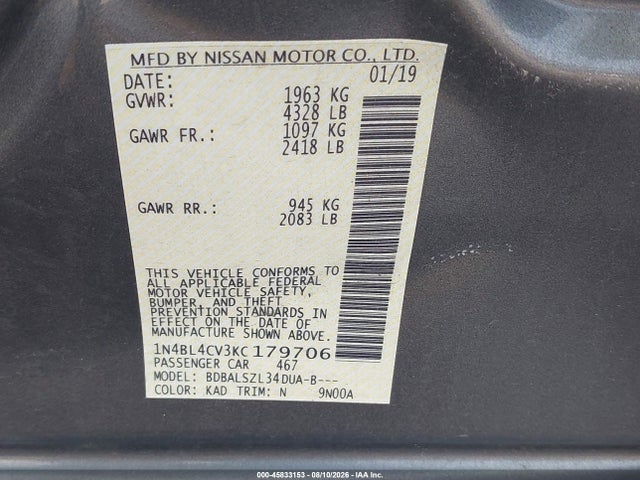 Продаж на аукціоні авто 2019 Nissan Altima 2.5 Sr, vin: 1N4BL4CV3KC179706, номер лоту: 45833153