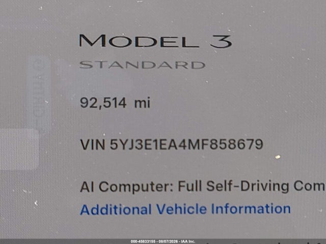 Aukcja sprzedaży 2021 Tesla Model 3 Standard Range Plus Rear-wheel Drive, vin: 5YJ3E1EA4MF858679, numer aukcji: 45833155