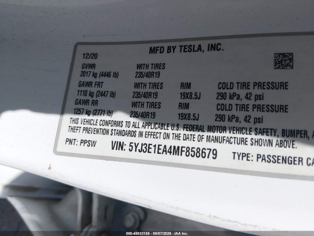 Aukcja sprzedaży 2021 Tesla Model 3 Standard Range Plus Rear-wheel Drive, vin: 5YJ3E1EA4MF858679, numer aukcji: 45833155