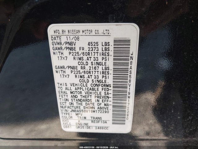 Auction sale of the 2009 Nissan Rogue Sl, vin: JN8AS58V19W172290, lot number: 45833158