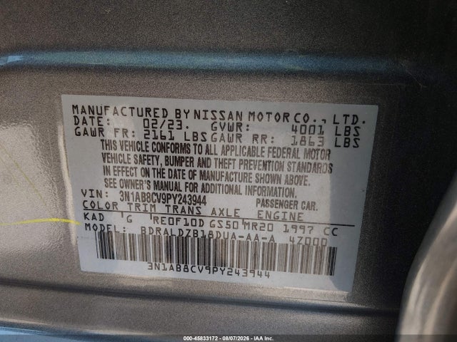 45833172 :رقم المزاد ، 3N1AB8CV9PY243944 vin ، 2023 Nissan Sentra Sv Xtronic Cvt مزاد بيع