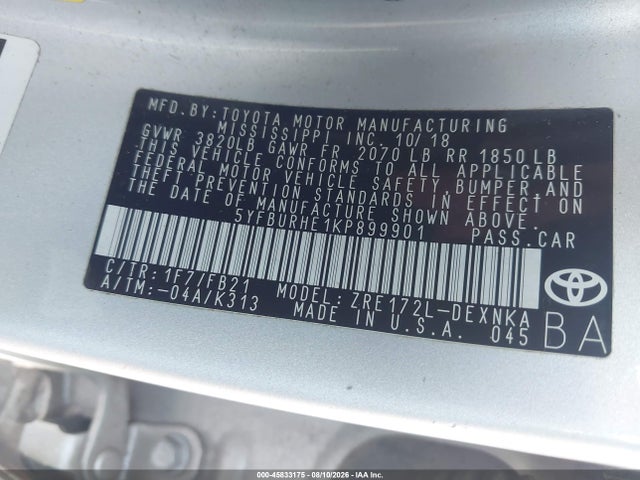 Продажа на аукционе авто 2019 Toyota Corolla Le, vin: 5YFBURHE1KP899901, номер лота: 45833175