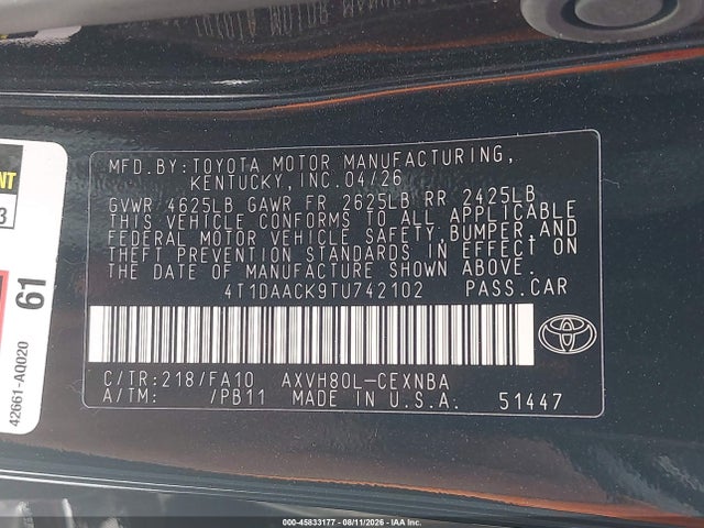 Auction sale of the 2026 Toyota Camry Le, vin: 4T1DAACK9TU742102, lot number: 45833177