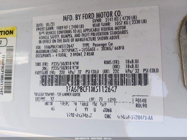 Aukcja sprzedaży 2021 Ford Mustang Gt Premium Fastback, vin: 1FA6P8CF1M5112647, numer aukcji: 45833178