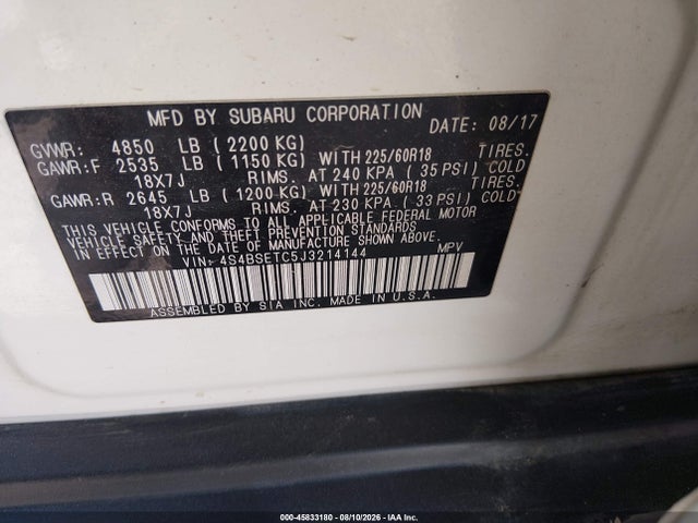 Aukcja sprzedaży 2018 Subaru Outback, vin: 4S4BSETC5J3214144, numer aukcji: 45833180