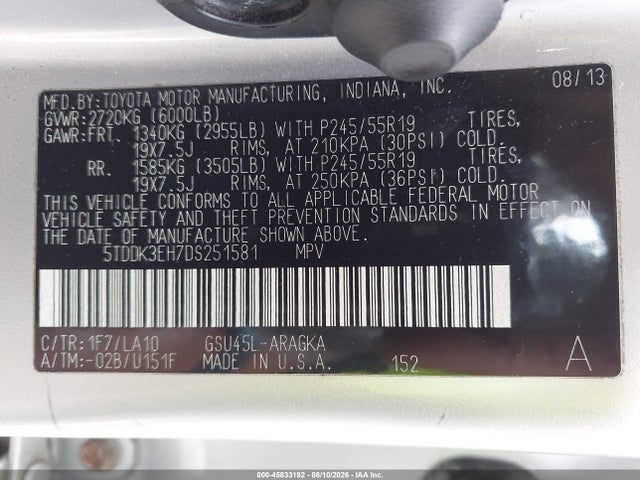 45833192 :رقم المزاد ، 5TDDK3EH7DS251581 vin ، 2013 Toyota Highlander Limited V6 مزاد بيع