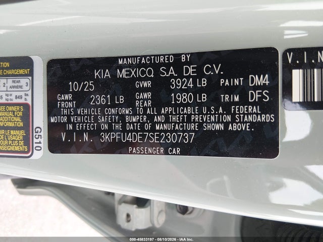 Продаж на аукціоні авто 2025 Kia K4 Ex, vin: 3KPFU4DE7SE230737, номер лоту: 45833197