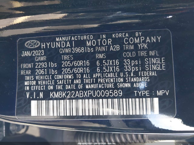 2023 Hyundai Kona Se მანქანა იყიდება აუქციონზე, vin: KM8K22ABXPU009589, აუქციონის ნომერი: 45833203