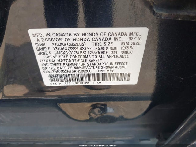 45833210 :رقم المزاد ، 2HNYD2H70AH508206 vin ، 2010 Acura Mdx Advance Package مزاد بيع