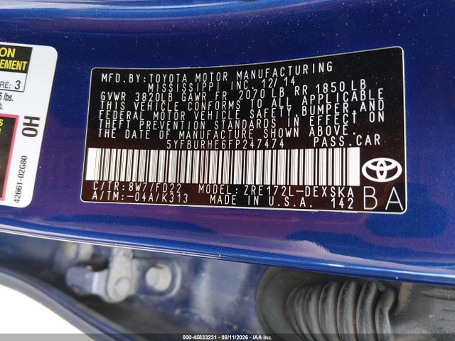 Продажа на аукционе авто 2015 Toyota Corolla S Plus, vin: 5YFBURHE6FP247474, номер лота: 45833231