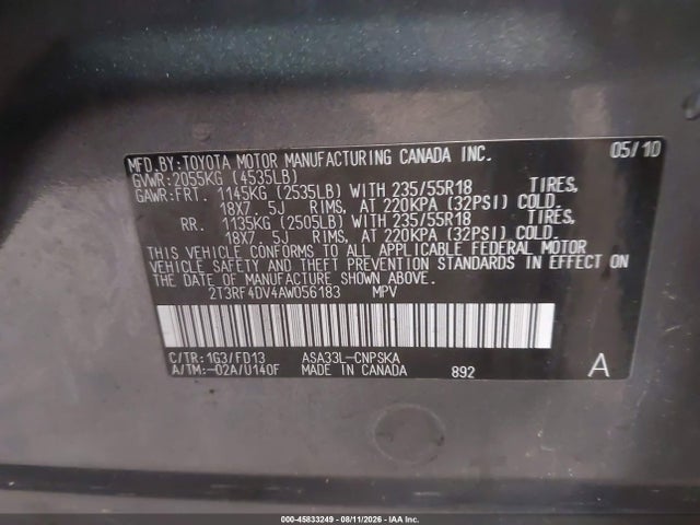 45833249 :رقم المزاد ، 2T3RF4DV4AW056183 vin ، 2010 Toyota Rav4 Sport مزاد بيع