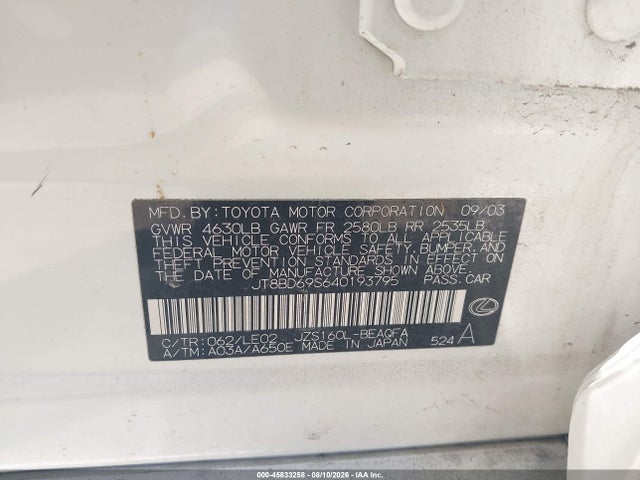 Aukcja sprzedaży 2004 Lexus Gs 300, vin: JT8BD69S640193795, numer aukcji: 45833258