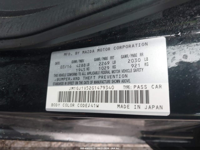 Aukcja sprzedaży 2016 Mazda Mazda6 I Touring, vin: JM1GJ1V52G1479340, numer aukcji: 45833273