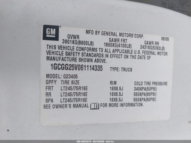 Aukcja sprzedaży 2006 Chevrolet Express Work Van, vin: 1GCGG25V061114335, numer aukcji: 45833275